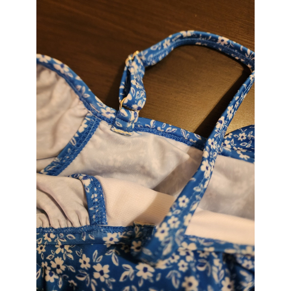 Tahari 2 piece Set Swimsuit Bathing Suit Off Shoulder LARGE Blue White Floral - Picture 9 of 16